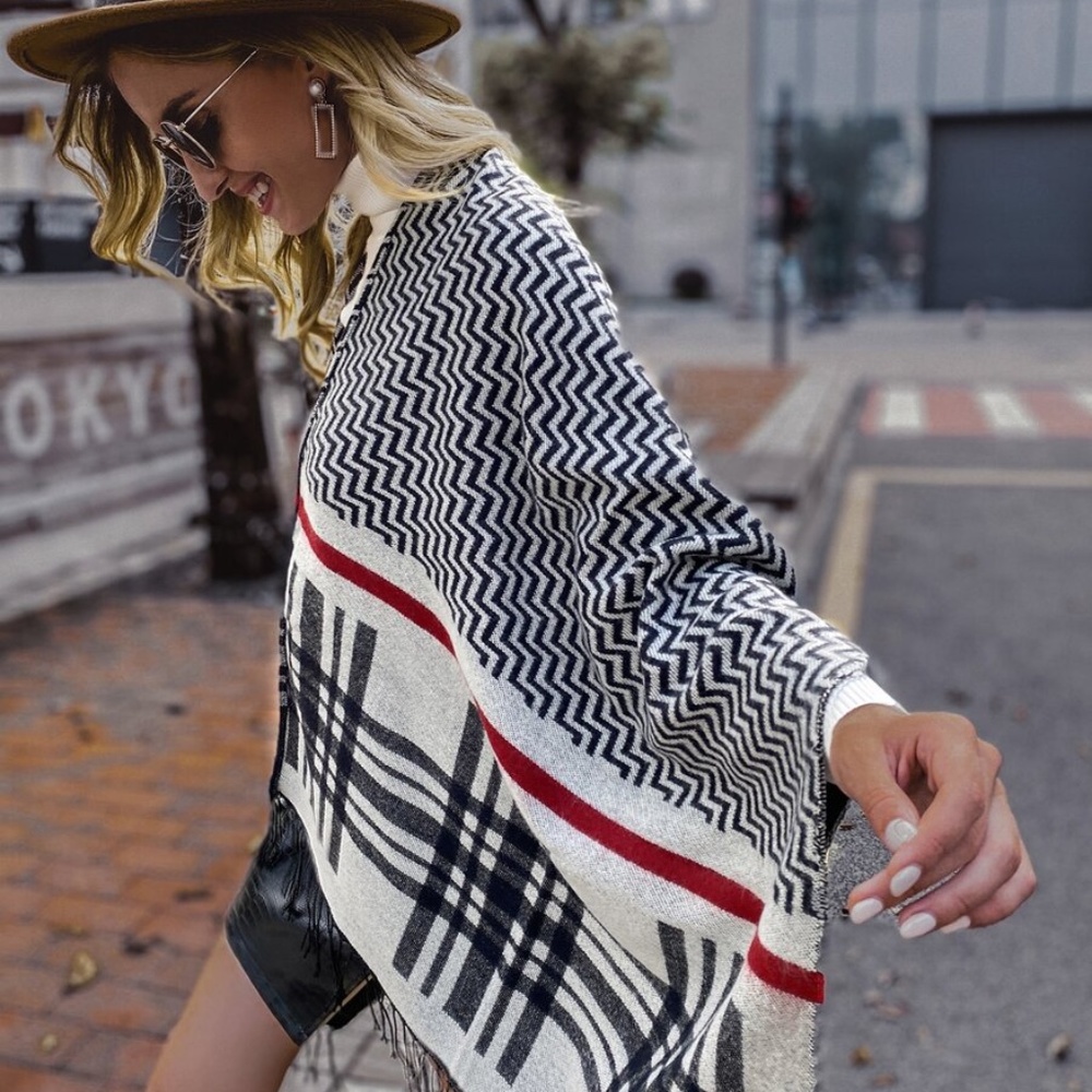 plaid print tassel hem poncho cardigan wrap - Picture 6 of 6